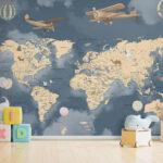 Fotomurales Mapa del mundo con aviones y globos