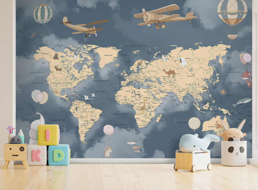 Mapa del mundo con aviones y globos