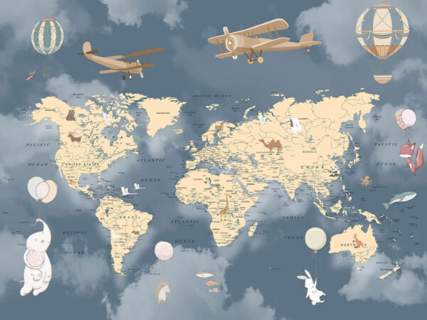 Mapa del mundo con aviones y globos Mapa del mundo con aviones y globos