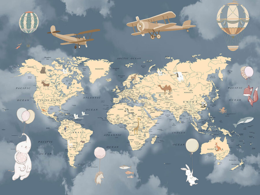 Mapa del mundo con aviones y globos