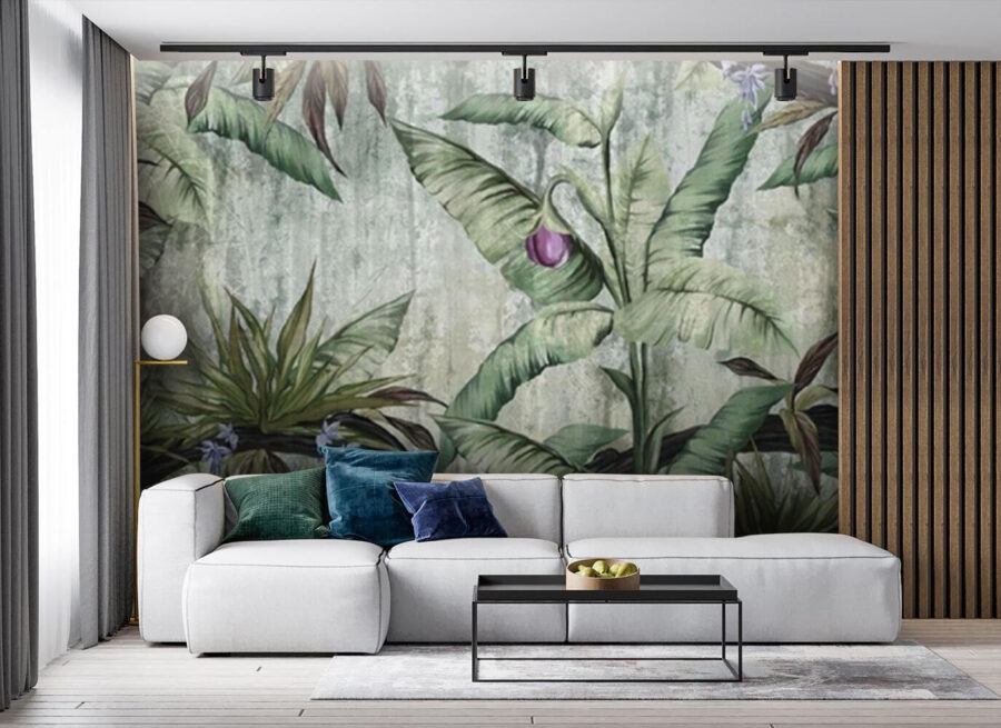 Papel pintado con un platanero y flores