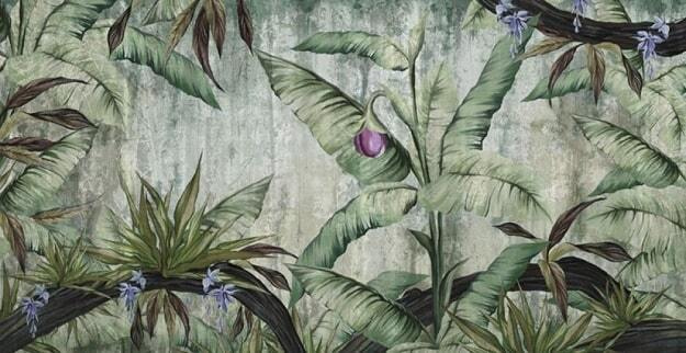 Papel pintado con un platanero y flores