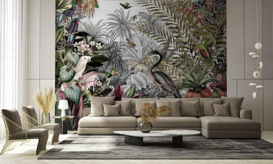 Mural de pájaros y flores