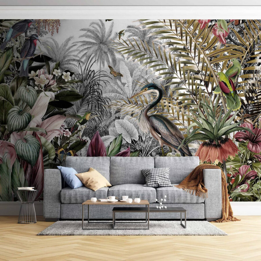 Mural de pájaros y flores