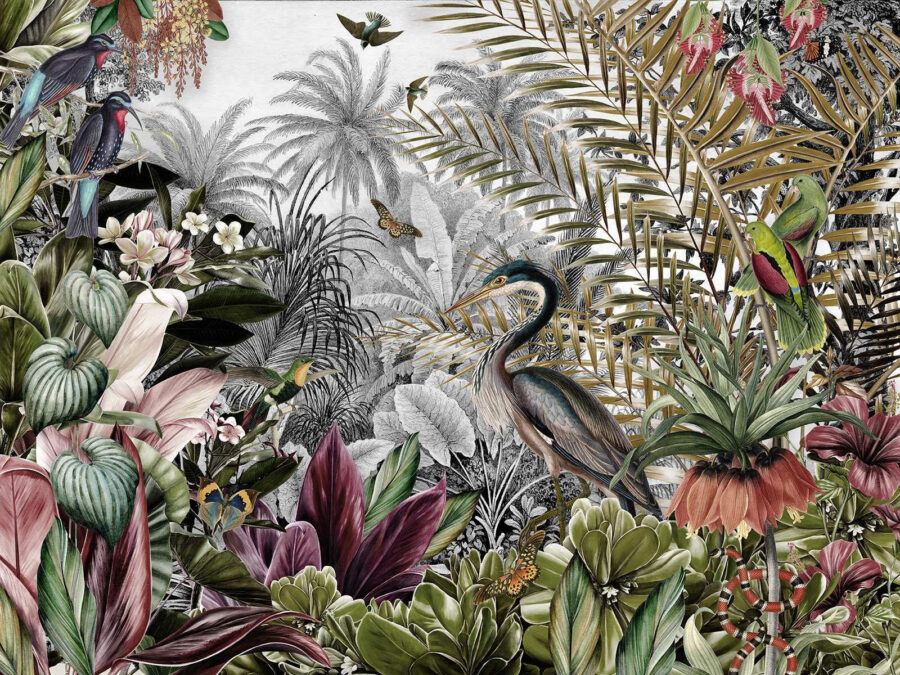 Mural de pájaros y flores