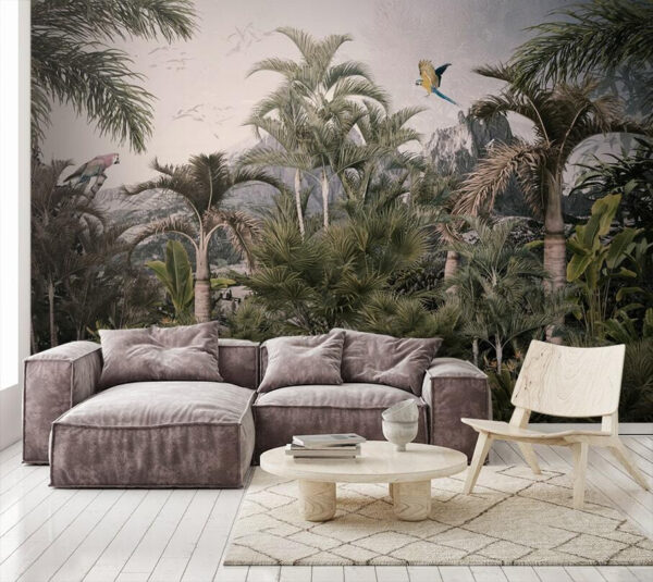 Fotomurales Fotomurales Bosque tropical con palmeras y un pájaro volando (SKU: u72413)