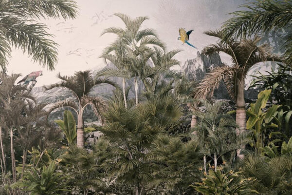 Tropical forest with palm trees and a bird flying