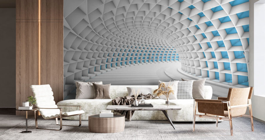 Túnel blanco con cuadrados azules