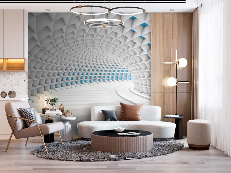 Túnel blanco con cuadrados azules
