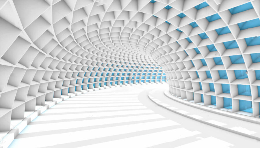 Túnel blanco con cuadrados azules