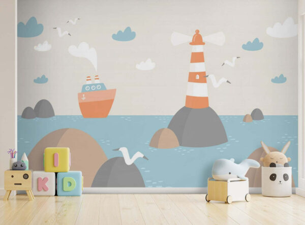 Dibujo animado de un faro y un barco Dibujo animado de un faro y un barco