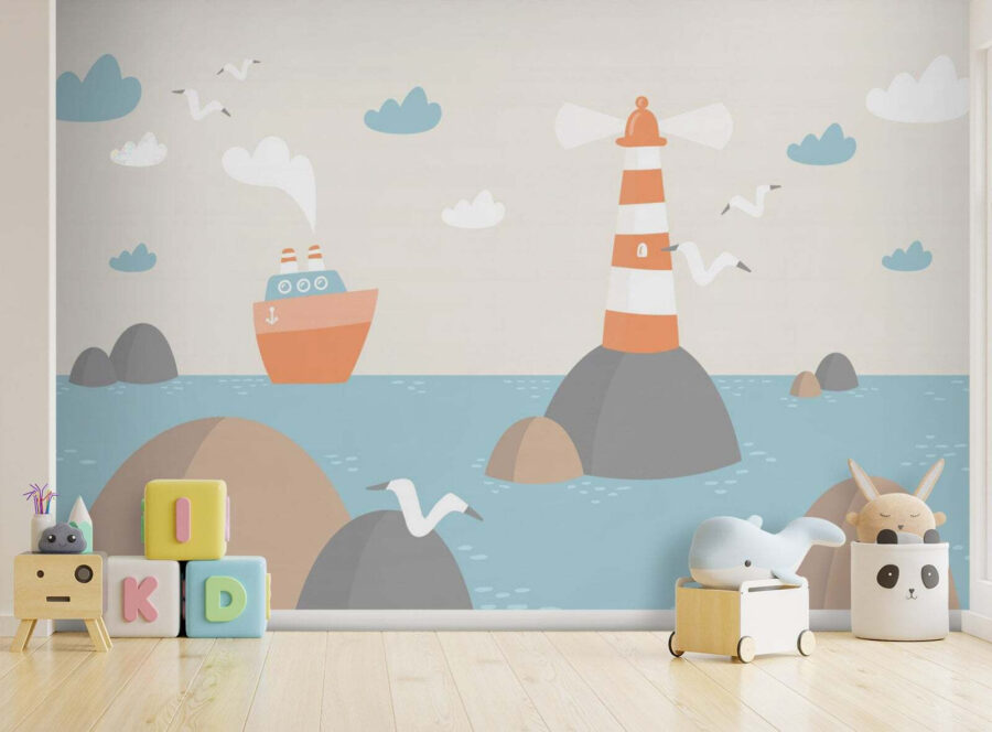 Dibujo animado de un faro y un barco