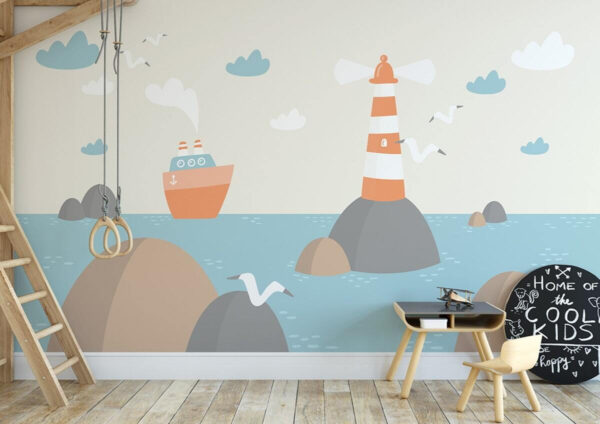 Dibujo animado de un faro y un barco Dibujo animado de un faro y un barco