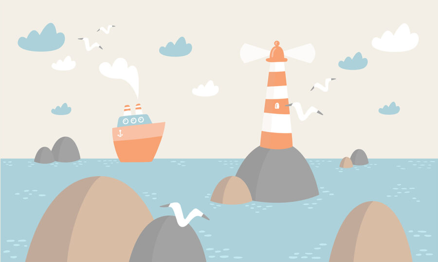 Dibujo animado de un faro y un barco