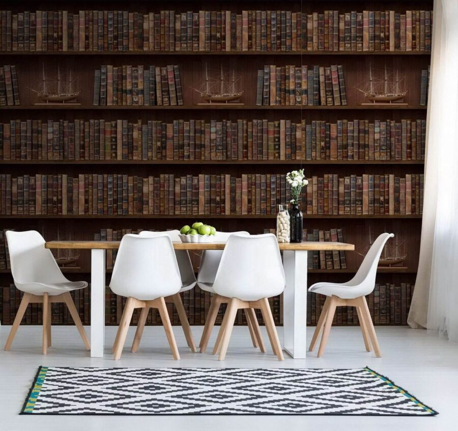 Pared de libros con barcos