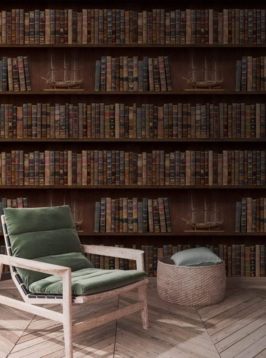 Pared de libros con barcos