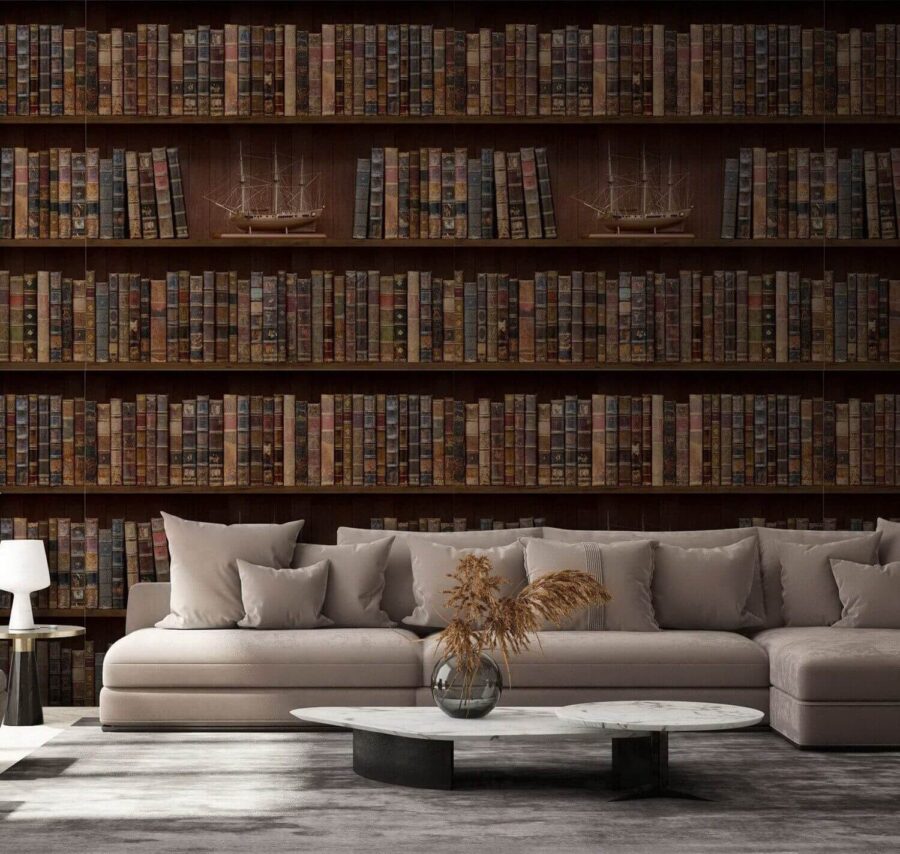 Pared de libros con barcos