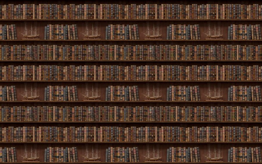 Pared de libros con barcos