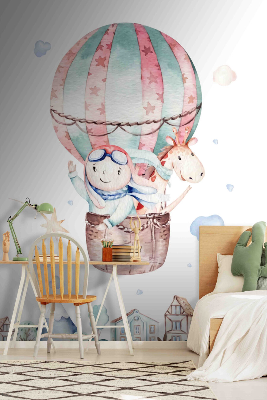 Ilustración en acuarela de una persona en un globo aerostático
