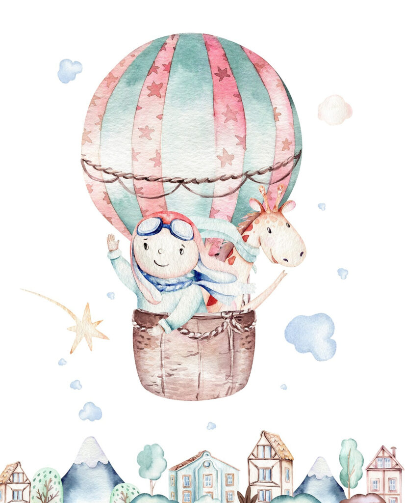 Ilustración en acuarela de una persona en un globo aerostático Ilustración en acuarela de una persona en un globo aerostático