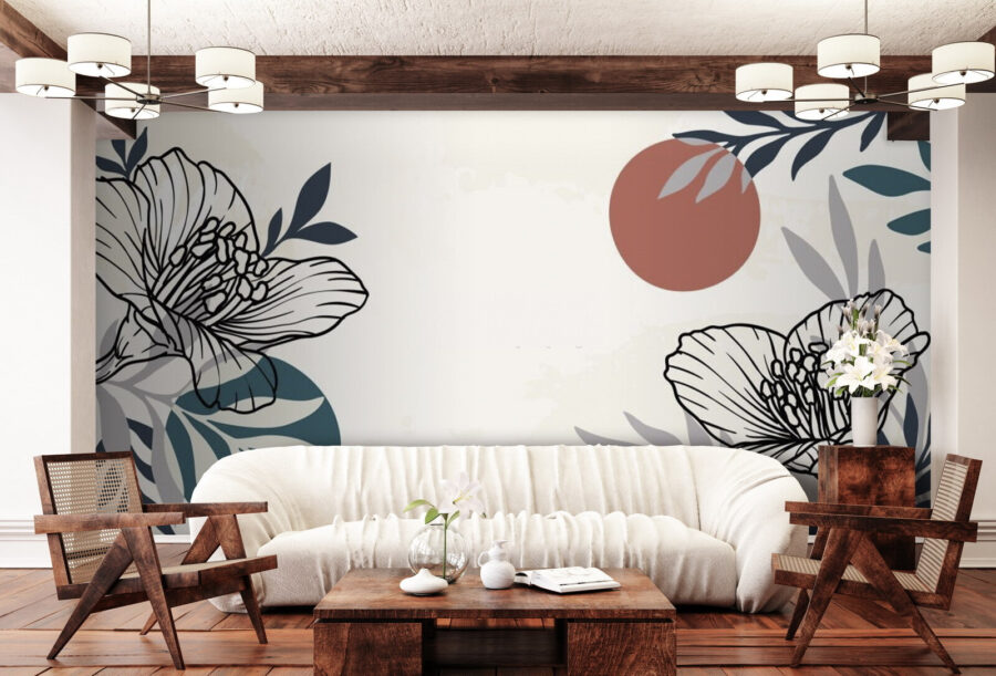 Fondo blanco con flores y hojas en blanco y negro