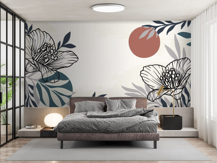 Fondo blanco con flores y hojas en blanco y negro