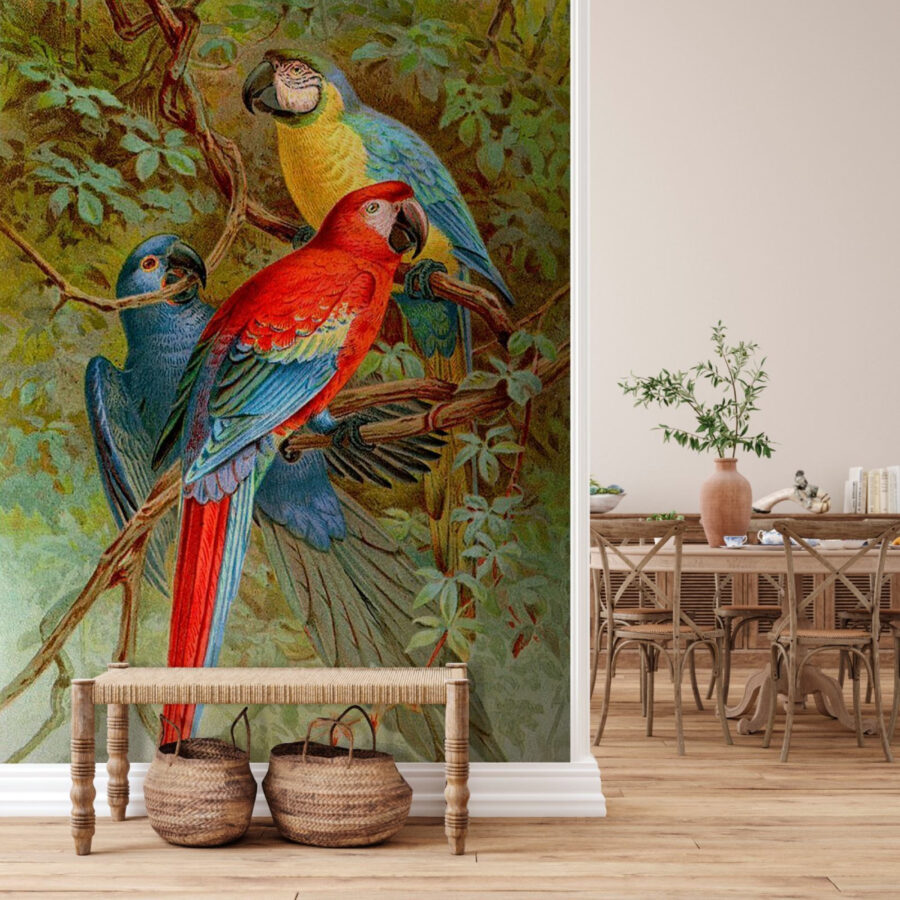 Grupo de pájaros de colores en la rama de un árbol