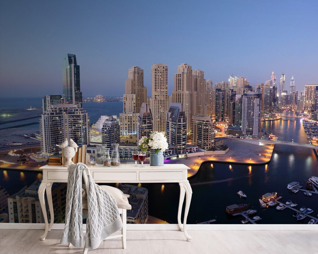 City with lights on the water