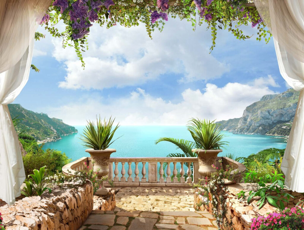 Balcón con plantas y vistas al océano Balcón con plantas y vistas al océano