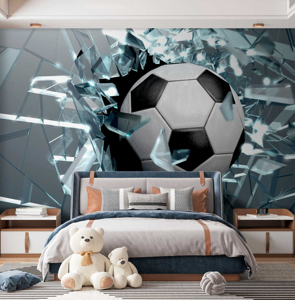 Football ball breaking through glass