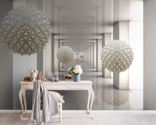 Sala blanca con columnas blancas y bolas blancas Sala blanca con columnas blancas y bolas blancas