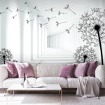 Fotomurales Niña montando en bicicleta en una habitación con dientes de león