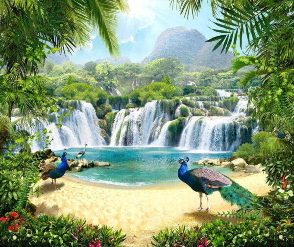 Cascada y pájaros en un bosque Cascada y pájaros en un bosque
