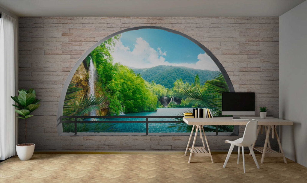 Window with a waterfall and trees