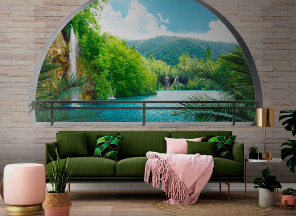 Ventana con cascada y árboles Ventana con cascada y árboles