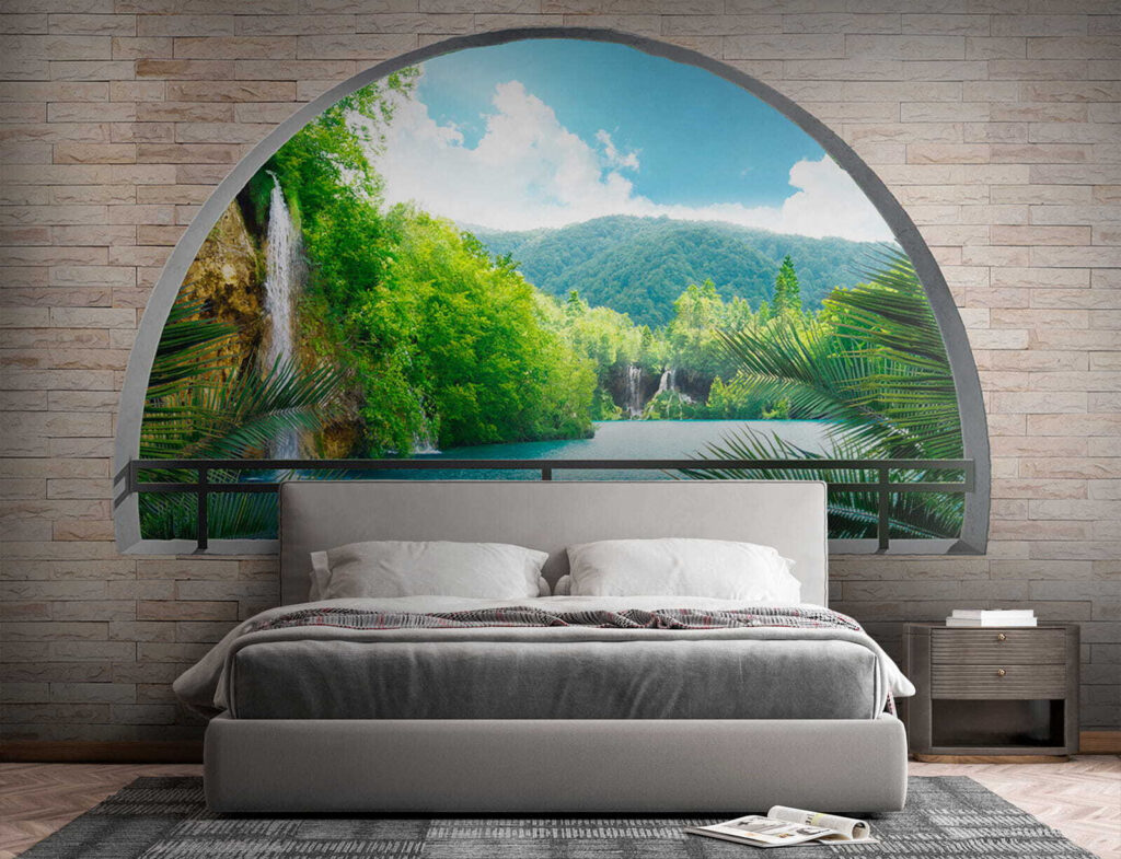 Window with a waterfall and trees