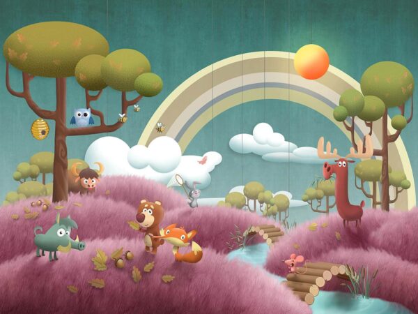 Escena de dibujos animados con animales y un río Escena de dibujos animados con animales y un río