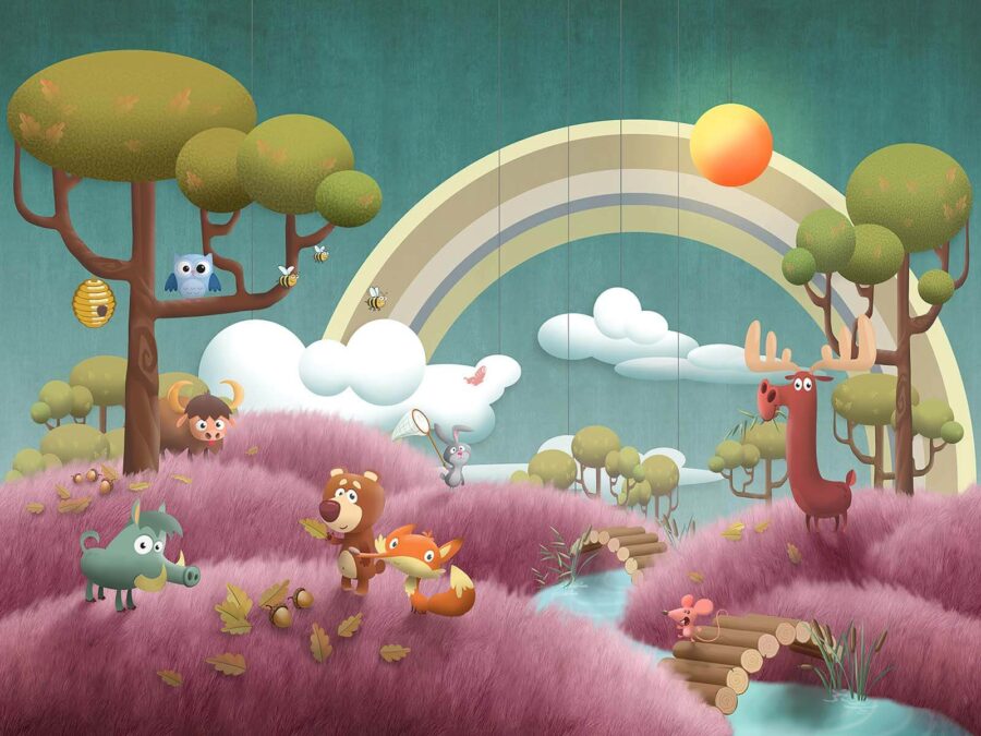 Escena de dibujos animados con animales y un río