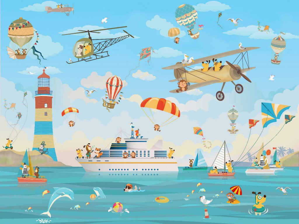 Dibujos animados de animales volando sobre un barco Dibujos animados de animales volando sobre un barco