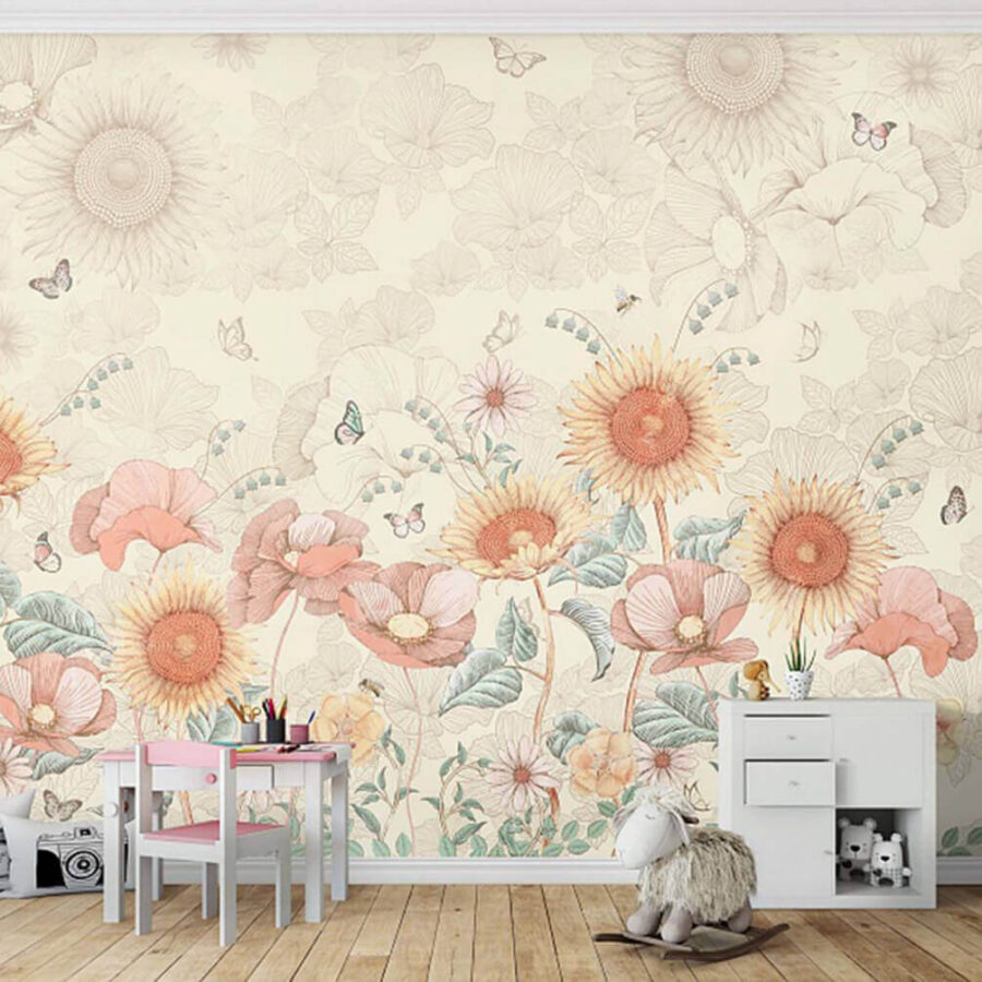 Papel pintado con flores y mariposas