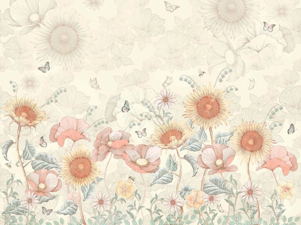 Papel pintado con flores y mariposas Papel pintado con flores y mariposas