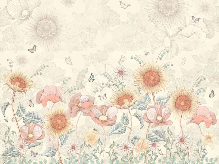 Papel pintado con flores y mariposas