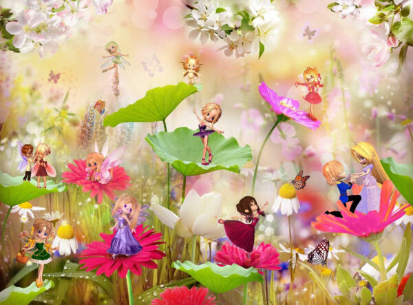 Grupo de hadas de dibujos animados sobre flores Grupo de hadas de dibujos animados sobre flores
