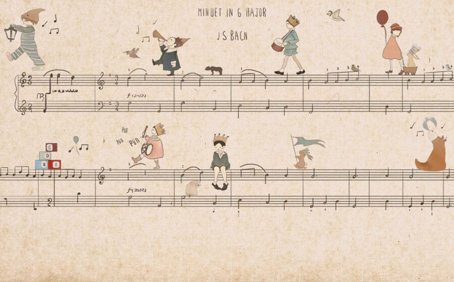 Partitura con dibujos de personas tocando instrumentos