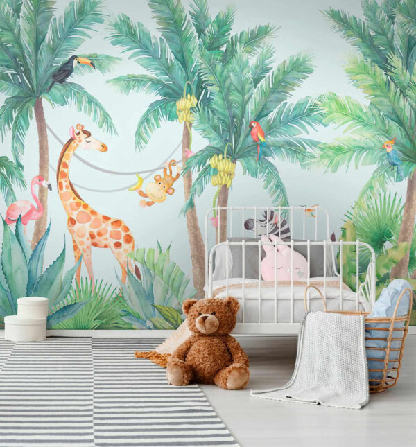 Giraffe and zebra in a jungle