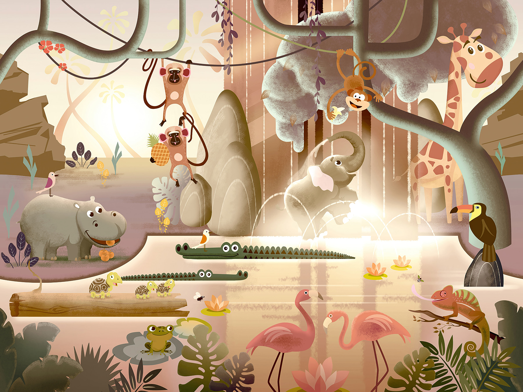 Group of animals in a pond