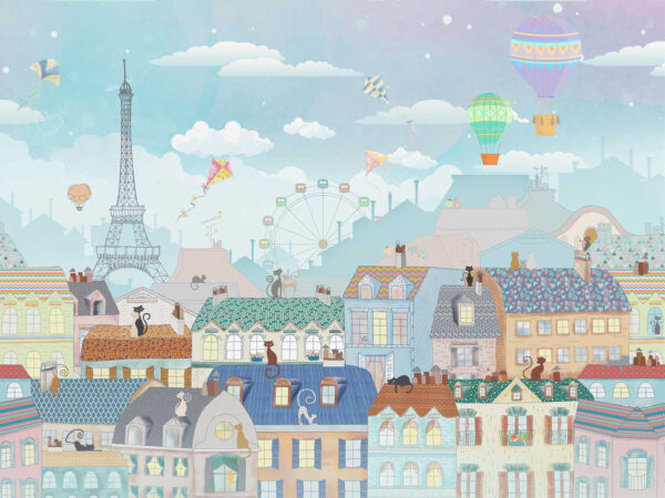 Ciudad de dibujos animados con muchos edificios y globos aerostáticos Ciudad de dibujos animados con muchos edificios y globos aerostáticos