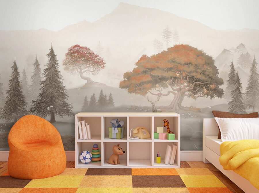 Pintura de un bosque con árboles y montañas