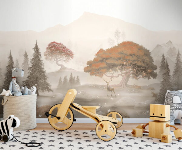 Pintura de un bosque con árboles y montañas Pintura de un bosque con árboles y montañas