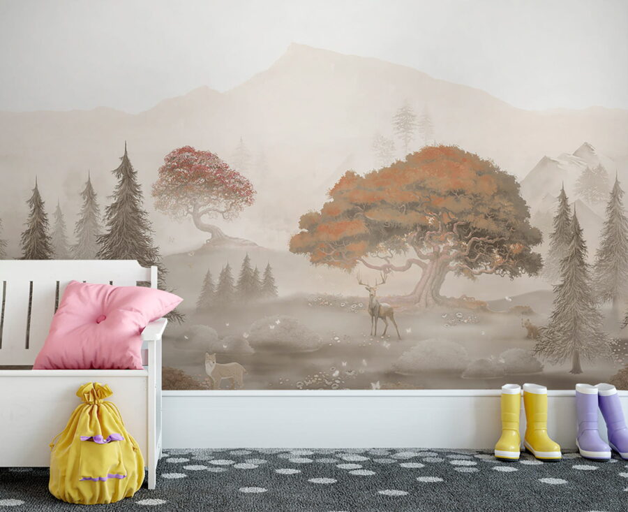 Pintura de un bosque con árboles y montañas